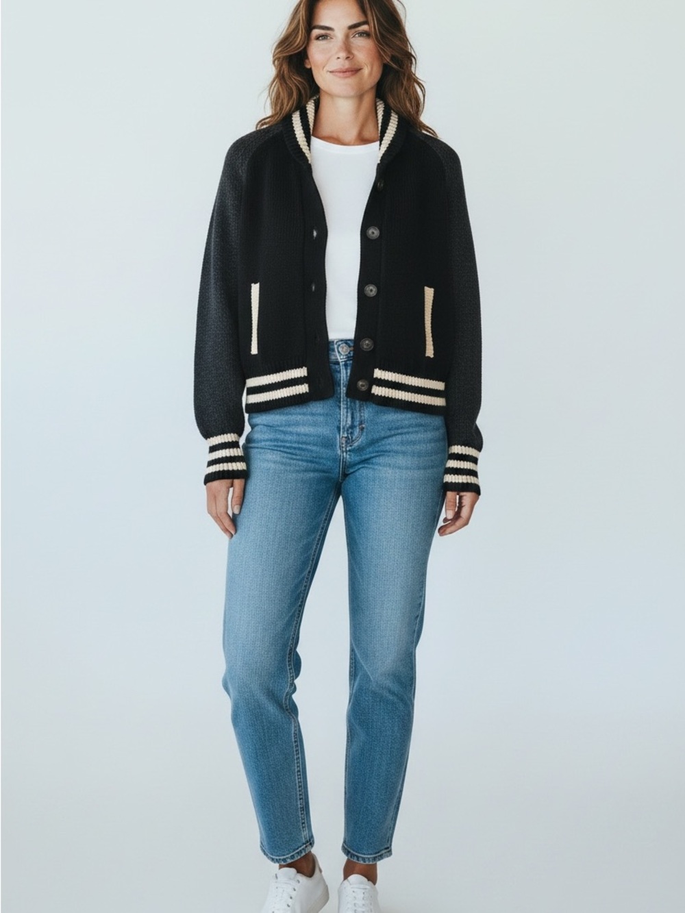 Women's Black Cardigan with Cream Trim
